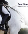 Rider wearing Stainless Steel Horse Spurs 1 Pair With Smooth Roller Ball For Adult Riding Training on a white horse.
