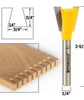 Hella Sharp 5 Piece Dovetail Router Bit Set With Quarter Inch Shank And Ridiculously Durable Tungsten Carbide Blades For Knocking Out Tight Cabinet Drawer Joints On Cnc Or Benchtop Routers showing 1/4" shank dovetail bit and wood joint dimensions.