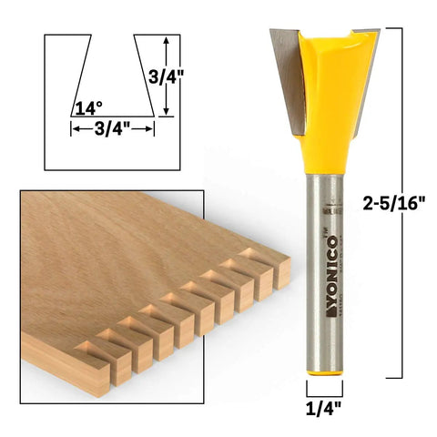 Hella Sharp 5 Piece Dovetail Router Bit Set With Quarter Inch Shank And Ridiculously Durable Tungsten Carbide Blades For Knocking Out Tight Cabinet Drawer Joints On Cnc Or Benchtop Routers showing 1/4" shank dovetail bit and wood joint dimensions.