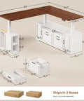 L Shaped Electric Standing Desk With Four Wood Drawers Farmhouse Executive Workstation dimensions displayed with storage solutions.