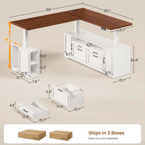 L Shaped Electric Standing Desk With Four Wood Drawers Farmhouse Executive Workstation dimensions displayed with storage solutions.