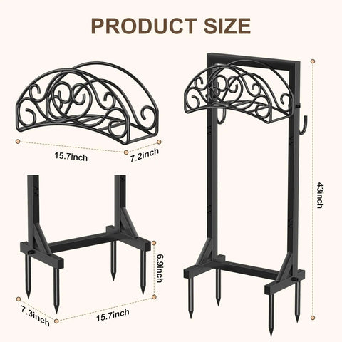 Freestanding Garden Hose Stand With Heavy Duty Water Hose Holder And Tool Hooks Four Anchoring Spikes Holds Up To 150 Ft Of Hose Rust Resistant Coating For Yard And Lawn dimensions and design.