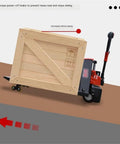 Super Duper Heavy Duty 3300 Lb Manual Pallet Jack With Fully Electric Lift transporting a wooden crate on a cement floor.