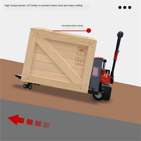 Super Duper Heavy Duty 3300 Lb Manual Pallet Jack With Fully Electric Lift transporting a wooden crate on a cement floor.
