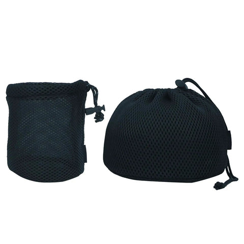 Two black nylon mesh camping gear storage bags, both drawstring, for pots and tableware; lightweight and packable design.