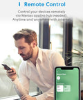 Man using phone for remote control with Meross app, no hub needed, showing WiFi Dual Smart Plug 2 Pack with 2 outlets.