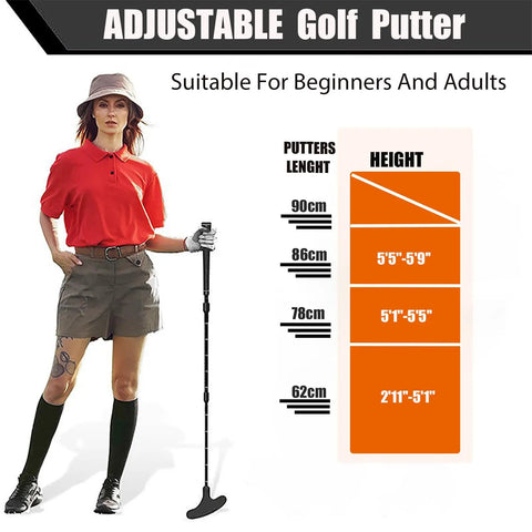 Adjustable Golf Putter Set With Telescoping Shaft From 16 To 35 Inches next to height chart and woman holding putter