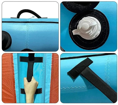 Close-up of Two Window Design Surge Wing For Wind Wing Foiling And Kitesurfing, showing handles, valves, and seams, one color.