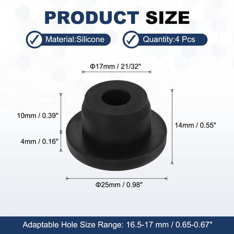 T Shaped Silicone Plugs 4 Pack 17.3mm Dia Snap In Hole Seals Round Rubber Stopper For 16.5 To 17mm Holes product sizing chart