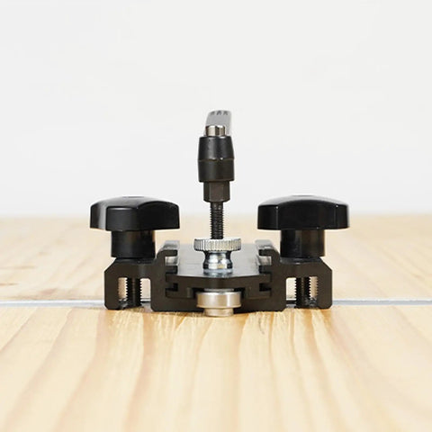 Front view of Pro Grade Aluminum T Track Positioning Jig for Woodworking on wooden surface with adjustable knobs visible