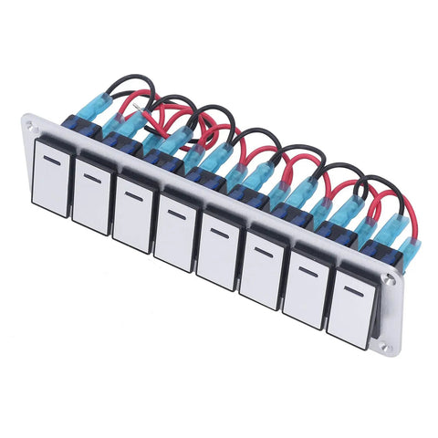 8 Gang Rocker Switch Panel With Blue LED Backlight And Voltmeter, Aluminum Alloy Prewired Toggle Switches, angled view