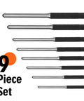 9-piece roll pin punch set with alloy steel pins arranged in size order, pro grade repair tools kit with pouch for easy removal and reuse