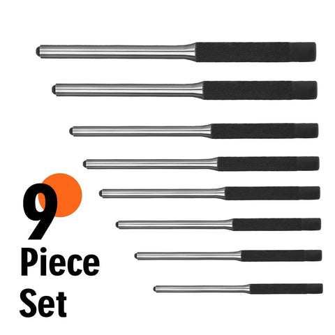 9-piece roll pin punch set with alloy steel pins arranged in size order, pro grade repair tools kit with pouch for easy removal and reuse