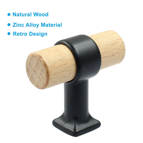 4 Pack Wood Cabinet T Knobs With Screws For Drawers And Cupboards, 40mm Diameter T Bar Drawer Knob displaying natural wood and zinc alloy