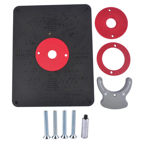 Top Shelf Precision Router Table Insert Plate With Level Loc Rings For Undrilled Woodworking Jigs Featuring Snappy Bit Sizing and Badass Build Quality For Real Shop Crews, includes screws and rings.
