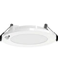 6 Inch Canless Recessed LED Wafer Light With Motion Sensor, Ultra Thin Ceiling Downlight, 5 CCT Adjustable, Occupancy Sensor, Auto On Off and Bi Level Modes, Perfect For Hallways, Closets, Bathrooms And Storage Areas. White round LED light with motion sensor.