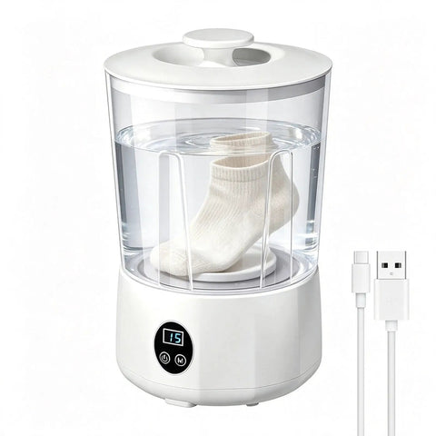 No Fuss Portable Washing Machine With Three Slick Wash Levels For Apartments And Dorms cleaning a sock in a compact washer.