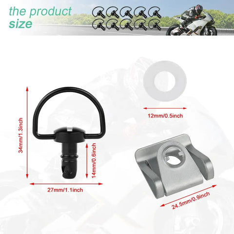 No Sweat 1/4 Turn Quick Release Fasteners With Universal D Ring Clips For Car Panel Trim And Bike Fairings That Actually Hold Firm Includes Ten Heavy Duty Iron Pieces Built Like A Tank, including black D-ring clip and silver hardware.