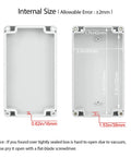 Waterproof Plastic Junction Box IP65 Enclosure internal size dimensions illustration with gray white housing.