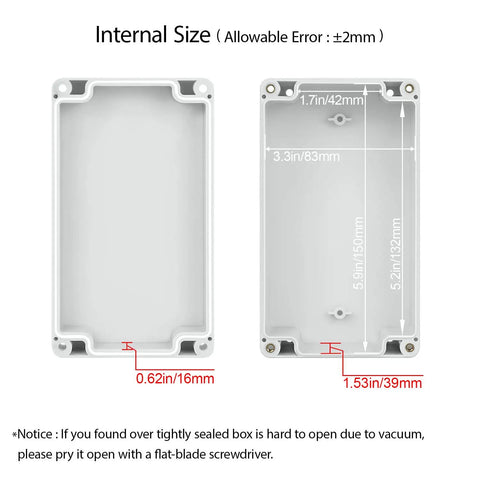 Waterproof Plastic Junction Box IP65 Enclosure internal size dimensions illustration with gray white housing.