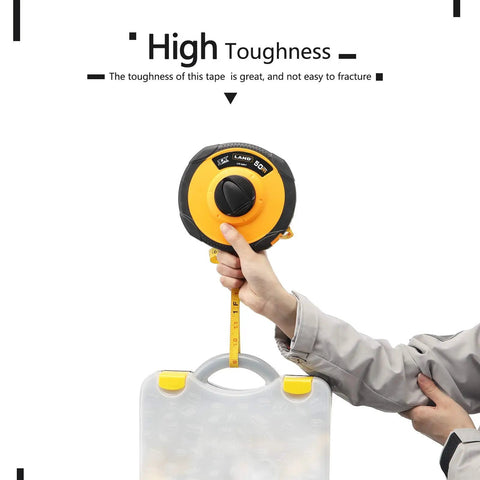 Person holding 165 Feet Fiberglass Tape Measure With Dual Inch And Metric Scale, Lightweight Yet Tough As Nails, highlighting toughness.