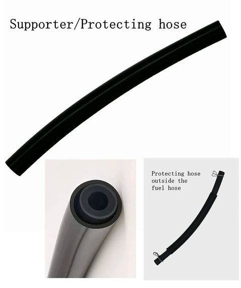 Black protective hose sleeve for fuel line support, with close-up and installed views.