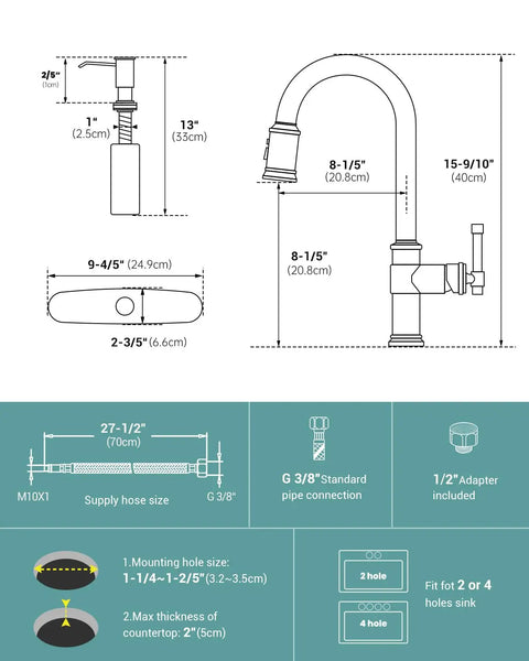Specifications of Matte Black Kitchen Faucet With Pull Down Sprayer, Single Handle Stainless Steel High Arc Farmhouse Sink Faucet With Soap Dispenser