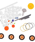 78-Piece Plastic Gear Kit With Shaft Belt Rack for robot cars and toys showing gears, axles, wheels, and belts for DIY robotics.