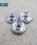 Three Win-Win silver metal inlet poppet parts with central bore for waterjet direct-drive pump.