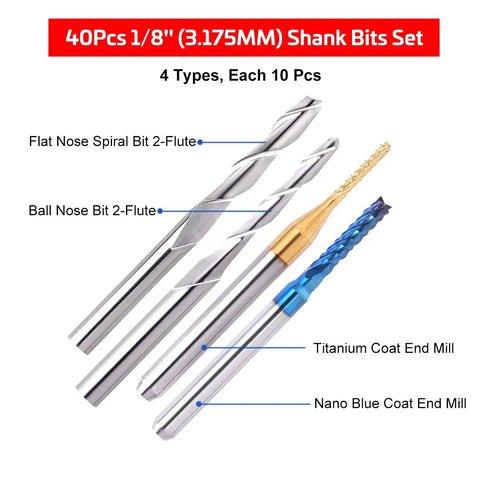 40 Pack Pro Grade CNC Router Bits End Mills Set With One Eighth Inch Shank Flat Nose And Ball Nose Cutters For Engraving And Milling
