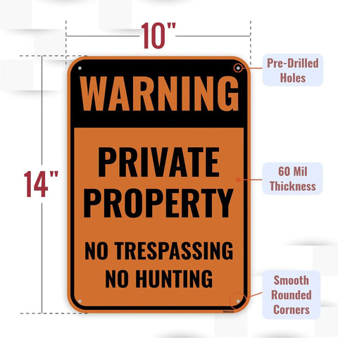 Two Pack 14 By 10 Inch Heavy Duty Aluminum No Trespassing And No Hunting Signs Private Property Warning Plaques close-up with dimensions and features.
