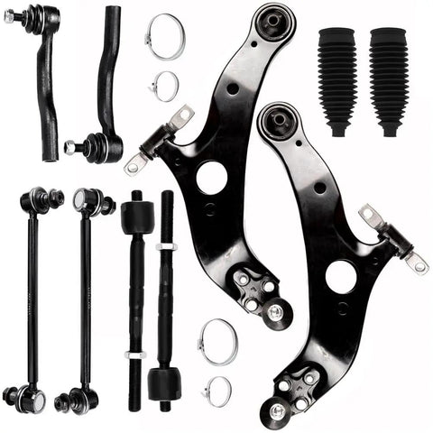 10 Piece Front Suspension Kit For Toyota Sienna 2004 2005 2006 2007 2008 2009 2010 With Front Lower Control Arms And Ball Joints Driver And Passenger Sides Plus Inner And Outer Tie Rod Ends: black steel parts laid out