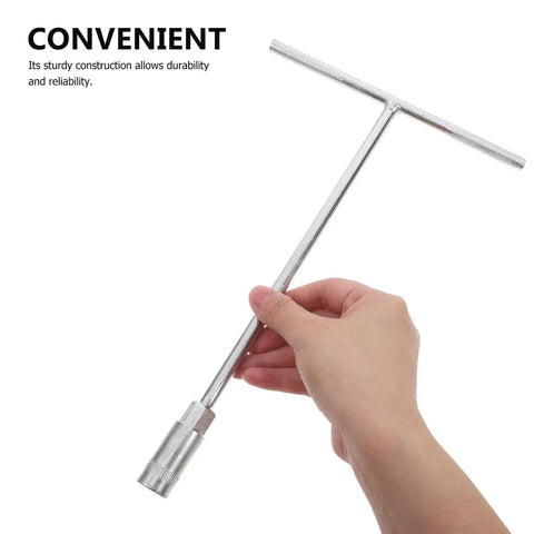 Ergonomic Steering Wheel T Handle Socket Wrench Made From Tough American Steel For Motorcycle Repair Saves Knuckles And Locks Onto Stubborn Bolts With Ease Perfect For Weekend Grinds And Serious Shop Work, being held in hand.