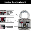 Diagram of M5XT Magnum Heavy Duty Outdoor Padlock with labeled dual ball bearing lock, pin tumbler, and laminated steel body features.