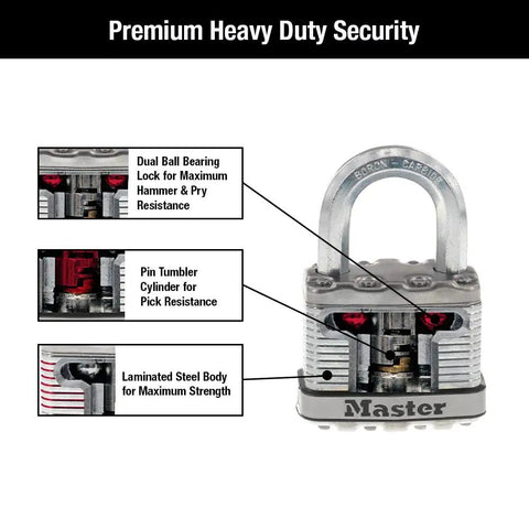 Diagram of M5XT Magnum Heavy Duty Outdoor Padlock with labeled dual ball bearing lock, pin tumbler, and laminated steel body features.