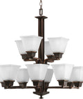 Venetian Bronze Chandelier With Arching Linear Arms And Square Etched Glass, Ceiling Light Fixture, 12-Light, Classic Modern Vibe