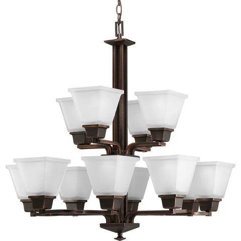 Venetian Bronze Chandelier With Arching Linear Arms And Square Etched Glass, Ceiling Light Fixture, 12-Light, Classic Modern Vibe