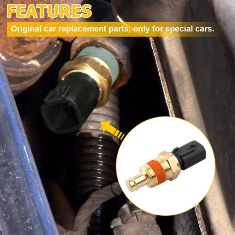 LKAHG car engine coolant temperature sensor installed in engine bay; brass body with black connector.