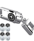 Mercedes Benz Car Tire Valve Caps And Key Chain Set For Vehicles 4 Pack Dust Caps And Keychain Accessories, zinc alloy finish