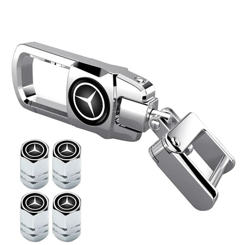 Mercedes Benz Car Tire Valve Caps And Key Chain Set For Vehicles 4 Pack Dust Caps And Keychain Accessories, zinc alloy finish