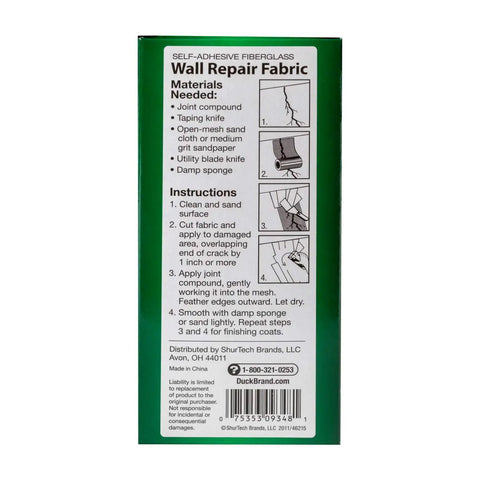 Back packaging of Self Adhesive Drywall Repair Fabric Patch 6 Inch By 25 Feet White Roll Fiberglass Mesh with instructions