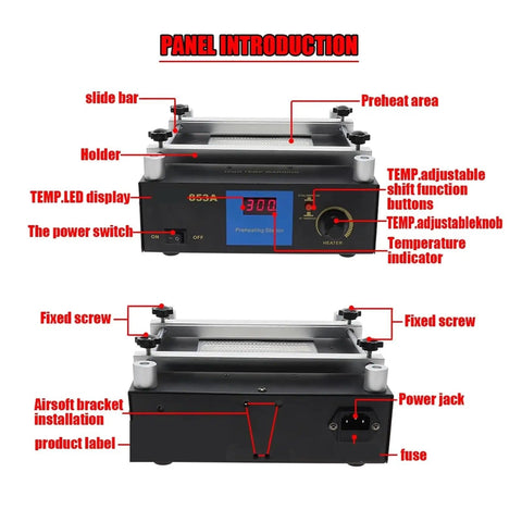 ESD Safe 853A BGA Rework Station With Digital IR Preheat, panel introduction with temperature controls and display