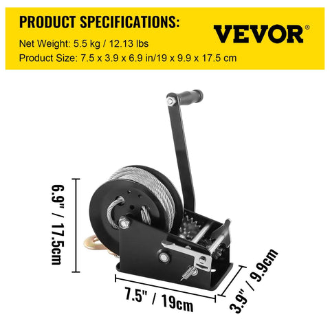 Beefed Up Heavy Duty Hand Winch Rope Crank 3500 LBS Capacity With 32.8 Ft Wire Cable And Alloy Hook, dimensions shown