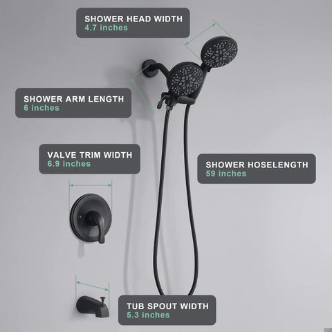 Matte Black Tub And Shower Faucet Combo with Dual Shower System, Tub Spout, Handheld Showerhead, Three Way Diverter, Valve Dimensions
