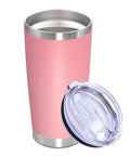 20 Ounce Stainless Steel Tumbler With Secure Lid Pink Insulated Coffee Cup showing pink exterior and clear lid.