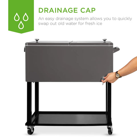 Side view of an Outdoor 80 Quart Steel Rolling Cooler Cart With Ice Chest Bottle Opener Drain Plug And Locking Wheels.