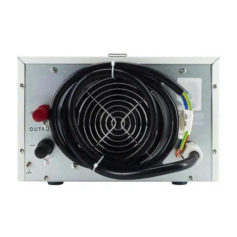 Beefy Precision Adjustable Bench DC Power Supply 100V To 400V, 5 To 40A, Switching Variable Output For Lab Testing, Aging Studies, And Teaching, Stable Voltage, Easy Setup Color 6005 110V rear view with cooling fan and output leads