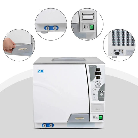 23 Liter Class B Steam Autoclave With Built In Printer, front view showing control panel and connections for tattoo and lab use.
