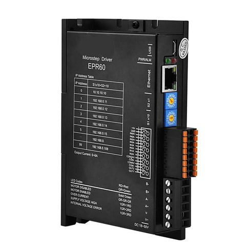 Side view of black EPR60 microstep driver with Ethernet port and orange terminal blocks