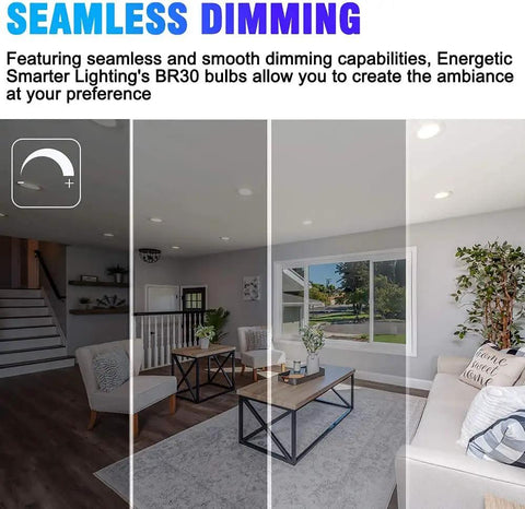 Living room with dimming BR30 LED Recessed Light Bulbs 11W to 85W Equivalent Dimmable Daylight 5000K Indoor Flood Lights.